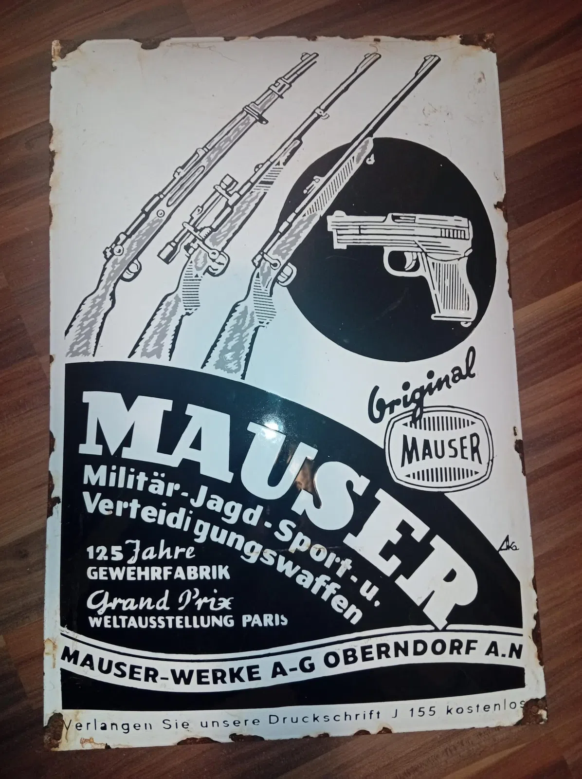 Werbeschild (Emaille) Mauserwerke Oberndorf AG